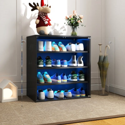 Shoe Box With RGB LED Light, Wooden Stackable Shoe Storage Box With Glass Door, Shoe Storage Bin Shoe Display Case For Sneakers 4 Tier-1