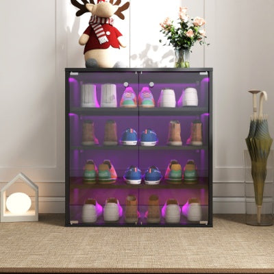Shoe Box With RGB LED Light, Wooden Stackable Shoe Storage Box With Glass Door, Shoe Storage Bin Shoe Display Case For Sneakers 4 Tier-1