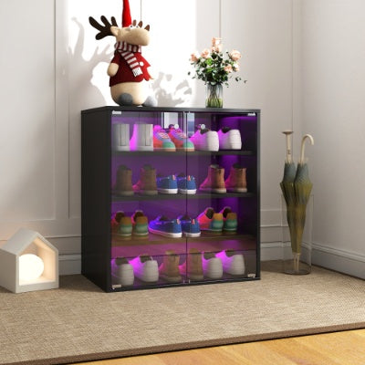 Shoe Box With RGB LED Light, Wooden Stackable Shoe Storage Box With Glass Door, Shoe Storage Bin Shoe Display Case For Sneakers 4 Tier-1