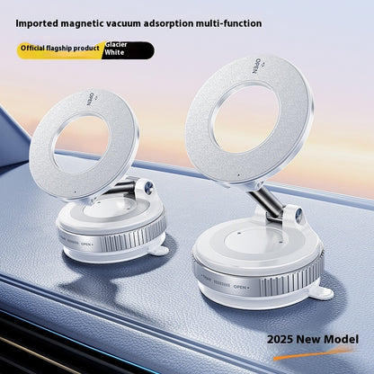 Two magnetic vacuum adsorption multi-function devices on a car dashboard with promotional text.